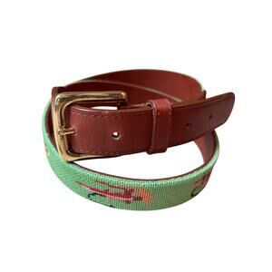 Tucker Blair Belt Mens 34 Green Fishing Lures Brown Leather Classic Preppy
